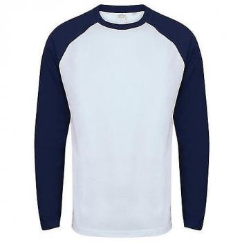 Camiseta de béisbol de manga larga raglán para hombre Skinnifit en blanco y azul marino, talla L