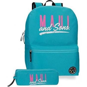 Maui & Sons Mochila + Estuche Escolar, 40 cm, color Turquesa