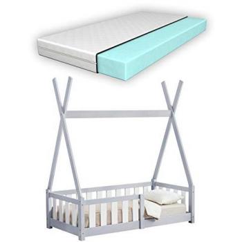 Cama infantil Helsingborg con reja de seguridad y colchón ortopédico - Diseño Tipi - Pino 140x70 cm - Gris claro