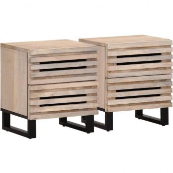 Mesita de noche de madera maciza de mango blanqueado 40x34x46 cm, set de 1/2, para habitación y salón, mesa auxiliar