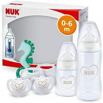 NUK First Choice+ kit de biberones para recién nacidos, 0-6 meses, 2 biberones First Choice+, 2 chupetes de silicona Genius y mordedor, válvula anticólico, Sin BPA, Gris y blanco, 5 unidades
