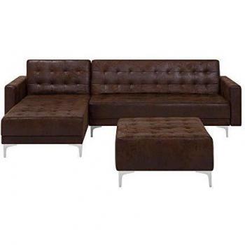 Sofá esquinero 4 plazas de piel sintética marrón oscuro plateado derecho con otomana chaise longue Aberdeen y Sofá cama en piel sintética marrón para 4 personas
