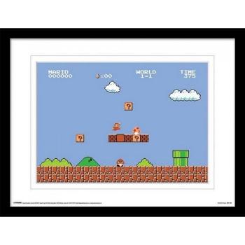 Lámina enmarcada de la escena del juego Super Mario Bros, arte impreso enmarcado, colores azul/blanco/negro, dimensiones 40cm x 30cm