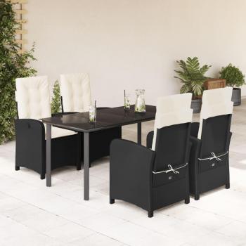 5-Piece Black Poly Rattan Garden Dining Set with Cushions