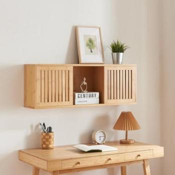 Estantería de pared Grums de bambú natural con 2 puertas correderas 93 x 20 x 33 cm