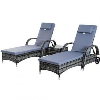 Outsunny Set de 2 Tumbonas Chaise Longue + 1 Mesa de Ratan para Jardín o Terraza Sillas con Cojín y Respaldo Ajustable a 5 Niveles