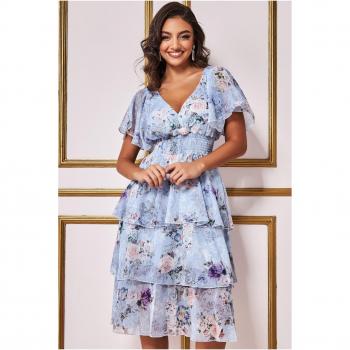 Goddiva Layered Floral Midi Dress with Flutter Sleeves - Blue Floral