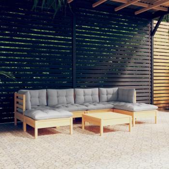 7-Piece Pinewood Garden Lounge Set with Grey Cushions