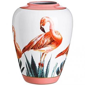 Jarrón de cerámica coral blanco con flamenco rosa, dimensiones 36 x 36 x 48 cm