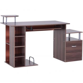 Mesa de Ordenador HOMCOM 120 cm con Estantes, Cajón, Bandeja de Teclado y Soportes para Monitor y CPU - Marrón