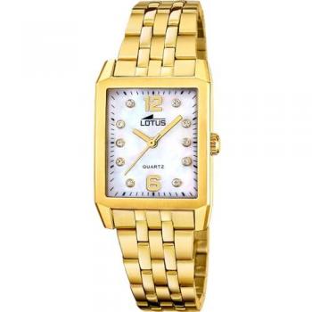 Reloj de mujer Lotus Square 18986/1, acero inoxidable dorado, correa de acero, analógico con zircón sintético