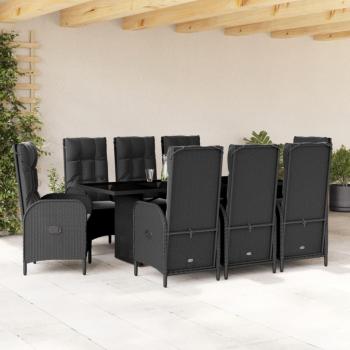 9-Piece Black Poly Rattan Garden Dining Set with Cushions