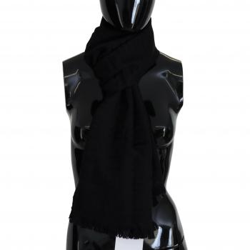 Black Wool Neck Wrap Shawl with Fringes by GF Ferre