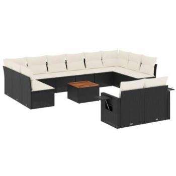 13-Piece Black Poly Rattan Garden Sofa Set with Cushions