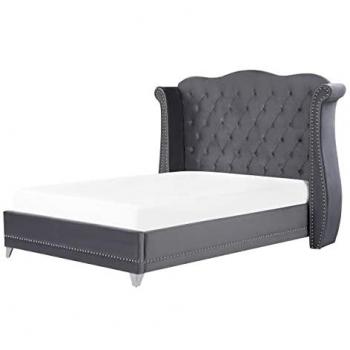 Cama de Terciopelo Gris 140 x 200 cm con Somier y Cabecero Capitonné Ayette
