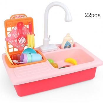 Juego de cocina simulación con fregadero eléctrico y agua circulante para lavar frutas y verduras, incluye estufa para niños