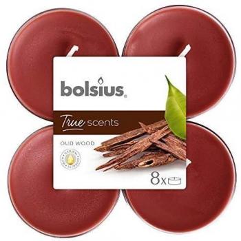 Candela Maxi Tealight Aromática Oud Wood 8 Piezas - Bolsius, Duración de 8 Horas, Cera Natural, Sin Humo