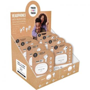 Cortina Expositor de Auriculares Bluetooth Tech One TEC1420 Blanco con Estuche de Carga, Autonomía de 5 horas, Incluye 8 Auriculares Inalámbricos Blancos