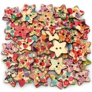 Star Shaped Painted 2 Hole Wooden Buttons 25mm x25mm