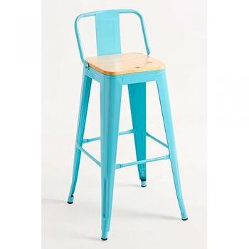 Taburete Alto Torix Vintage Industrial con Respaldo de Madera Natural - Color Azul Cielo