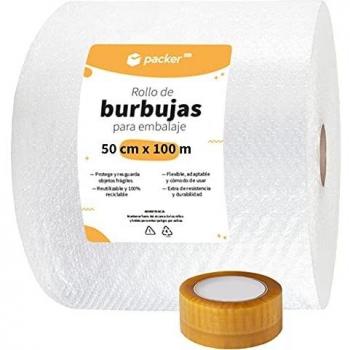 packer PRO Rollo Plastico Burbujas Embalaje de 50cm Ancho y 100m Longitud y Cinta de Embalaje