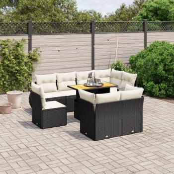 9-Piece Black Poly Rattan Garden Sofa Set with Cushions