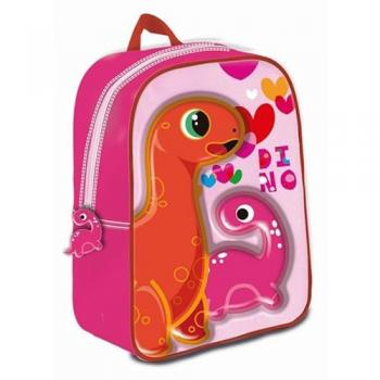 Mochila Mediana 3D Dino B4U 30cm, características: diseño en relieve de dinosaurio, dimensiones de 24x29x9.5cm, material resistente y liviano, correas ajustables para mayor comodidad