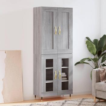 Aparador alto de madera contrachapada gris sonoma 69,5x34x180 cm con 2 puertas de cristal, mueble de almacenaje para salón, buffet y armario auxiliar