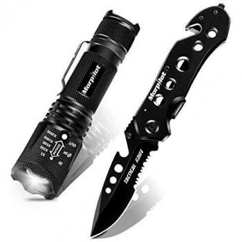 Navaja y Linterna Set, morpilot linterna Táctica de 5 Modos, Cuchillo Supervivencia, linterna 500LM con ZOOM, portátil y Impermeable IPX4, Navaja Caza Pesca, Acero Inoxidble, para acampar, senderismo
