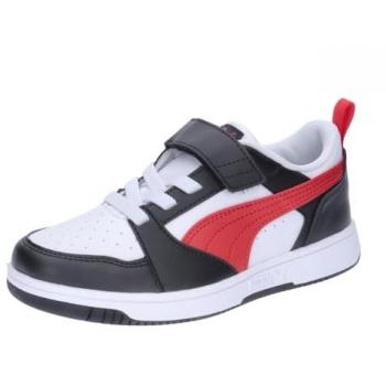 Zapatillas Puma Rebound V6 Lo AC+ PS para niños, color Blanco/Negro/Rojo, con cordones y velcro, moda infantil