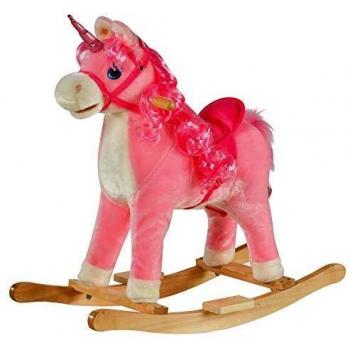 Caballo Balancín Unicornio con Sonidos Auténticos y Sillín de Gran Confort, Madera de Álamo, 74 x 33 x 62 cm, Rosa