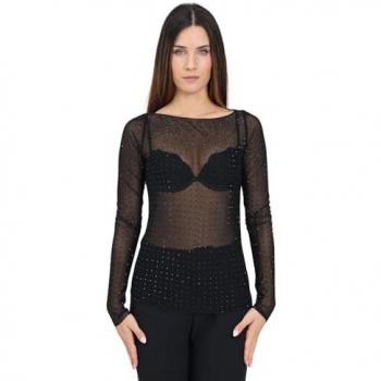 PINKO Women's Black Semi-Transparent Long Sleeve Top with All-Over Crystals - Size L