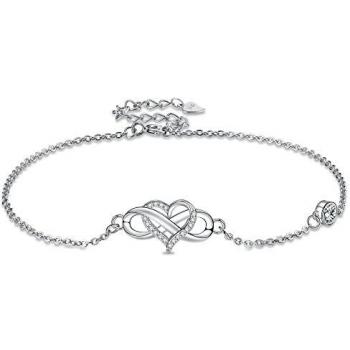 J.MUEN Tobilleras para Mujer Plata Infinito Corazón Tobilleras Plata de Ley 925 Pulsera Caja de Regalo 22+4cm Ajustable Tobilleras
