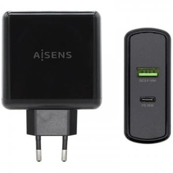 Aisens Cargador de Pared 48W con 1xUSB-C PD3.0 30W y 1xUSB-A QC3.0 18W, Modelo ASCH-2PD30QC-BK,