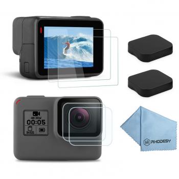 Rhodesy Pack de 2 Ultra-Clear Protector de Cristal Templado-LCD Pantalla + Tapa de la Lente para GoPro Hero 5 Acción Cámara