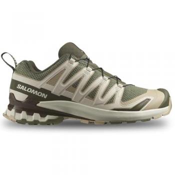 Zapatillas de trail Salomon XA Pro 3D V9 Hombre Caqui Verde Blanco, características: diseño resistente al agua, suela Contagrip para tracción en terrenos difíciles, sistema de ajuste Quicklace para un calce seguro y
