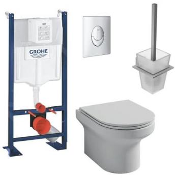 Pack inodoro suspendido Jacob Delafon Elite sin brida + estructura soporte Grohe RapidSL + placa cromada + portaescobillas cuadrado
