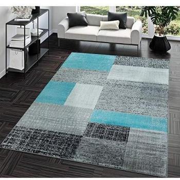 TT Home Alfombra Pelo Corto Fácil Limpiar Cuadrados Vintage Blanco Gris Turquesa, Größe:160x230 cm