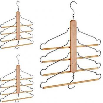 Set de 3 Perchas Múltiples con 4 Ganchos Flexibles, Organizador de Ropa, Metal y Madera Natural