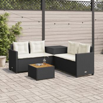 Sofá de jardín en forma de L con mesa y cojines ratán PE negro y beige