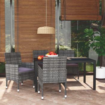 5-Piece Grey Poly Rattan Garden Dining Set with Cushions