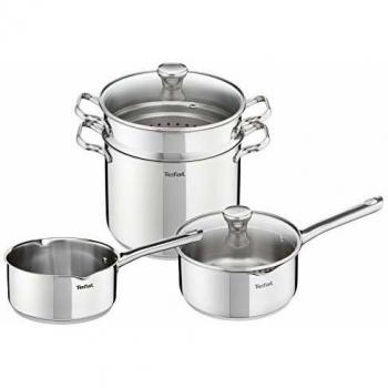 Tefal Duetto A705S874 Batería Cazo 16 y 20 cm, Olla 22 cm + Accesorio Pasta + 2 Tapas, Acero Inoxidable, Apta para Inducción y Horno, Base Gruesa, Tapa Escurridora