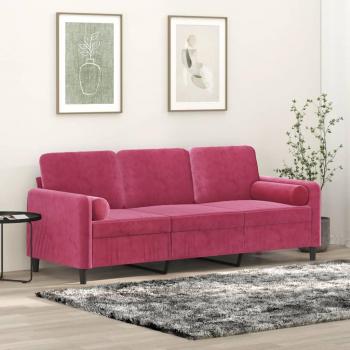 Sofá de 3 plazas en terciopelo vino tinto con almohadas, 180 cm