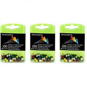 EXACOMPTA Lot de 3 Boîtes de 100 épingles à tête plate 5 mm H 8mm Assorties