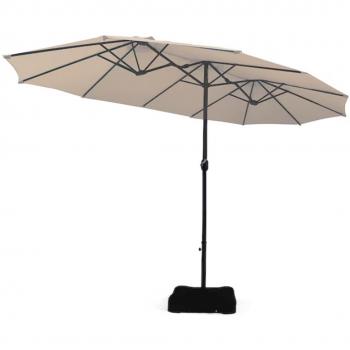 15-Foot Beige Double-Sided Market Patio Umbrella with Crank and Base