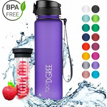 720°DGREE Botella de agua uberBottle – 1 litro, 1l, 1000ml, Lila, Violeta | Novedosa botella deportiva | Sin BPA | Para niños, fitness, deportes, fútbol, guardería, escuela, pequeños, antigoteo