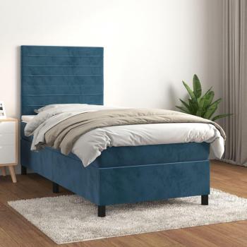 Cama box spring suave con colchón terciopelo azul oscuro 100x200 cm