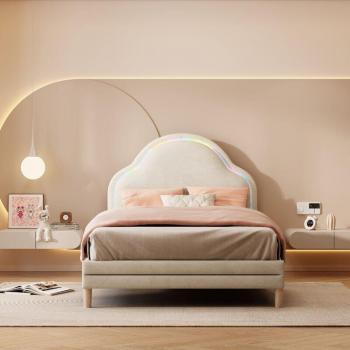 Cama Infantil Individual Tapizada 90x200 cm con Cabecero Nube, Tira de Luces LED y Lamas de Madera, Terciopelo Beige