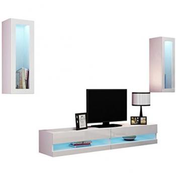 Conjunto de salón Comfivo 211, blanco brillante, aglomerado laminado y MDF, incluye mesa de TV, dimensiones 180 x 40 cm