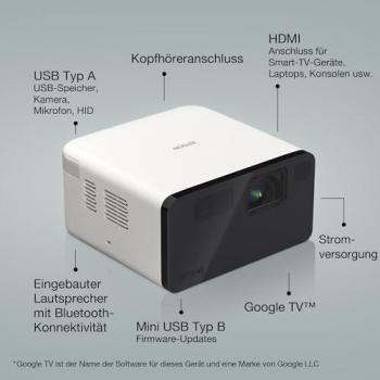 Proyector Mini Laser Epson EF-21W Full HD 1080p, 1000 Lúmenes, 3LCD, Bluetooth y Chromecast, Blanco